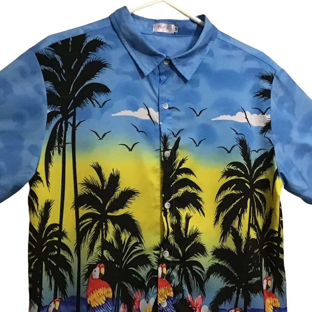 Vtg Hawaiian Shirt Mens Sz M All Over Parrots Floral Birds Tropical Palm Trees